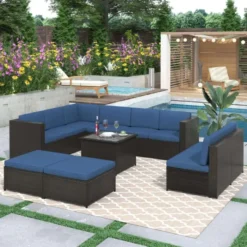 Dark Brown Rattan Wicker Sectional Sofa Set | Luxury Outdoor Garden, Backyard, Terrace & Patio Seating with Blue Cushions