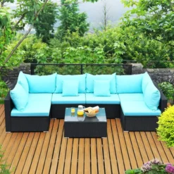 Black Rattan Wicker 5-Piece Sectional Sofa Set | Luxury Garden, Patio, Backyard & Poolside Seating with Turquoise Cushions