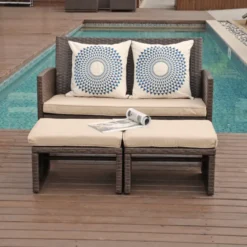 Crafttown 3-Piece Wicker Patio Set with Ottoman – Dark Brown, Waterproof Cushions for Ultimate Comfort