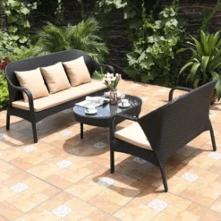 Dark Brown Rattan Wicker 3-Piece Outdoor Sofa Set | Luxury Patio, Balcony & Poolside Seating with Cream Cushions