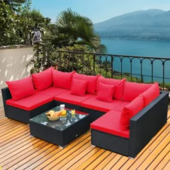 Black Rattan Wicker 5-Piece Sectional Sofa Set | Luxury Garden, Patio, Backyard & Poolside Seating with Turquoise Cushions