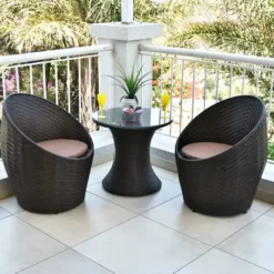 Crafttown 3-Piece Outdoor Bistro Set with Cushions & Glass Table | Dark Brown Resin Wicker, Powder-Coated Iron Frame | Ideal for Balconies, Patios & Small Spaces