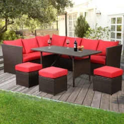 Dark Brown Wicker Outdoor Sofa Set | Luxury Patio, Poolside, and Garden Seating with Red Cushions and Removable Glass Table