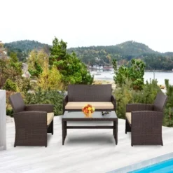 Premium Designer Dark Brown Rattan Outdoor Sectional Sofa Set with Storage Table | Luxury Garden, Patio, Balcony & Poolside Seating with Cream Cushions
