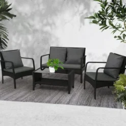 Premium Designer Black Rattan Outdoor Sectional Sofa Set | Luxury Garden, Patio, Poolside & Backyard Seating with Grey Cushions