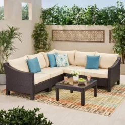 Premium Designer Dark Brown Rattan 4-Piece Sectional Outdoor Sofa Set | Luxury Patio, Garden, Poolside & Porch Seating with Cream Cushions and Glass Center Table