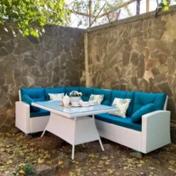 Premium Designer White Rattan 3-Piece Outdoor Sectional Sofa Set | Luxury Patio, Garden & Poolside Seating with Sky Blue Cushions and Glass Center Table