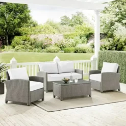 Premium Designer Silver Grey Rattan Outdoor Sectional Sofa Set with Storage Table | Luxury Garden, Balcony, Patio & Poolside Seating with White Cushions