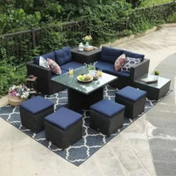 Black Wicker Rattan Sectional Sofa Set | Luxury Outdoor Garden, Patio, Poolside & Terrace Seating with Navy Blue Cushions
