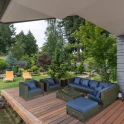 Dark Brown Rattan Wicker Sofa Set | Luxury Outdoor Patio, Garden, Backyard & Poolside Seating with Navy Blue Cushions
