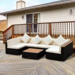 Black Sectional Sofa Set | Luxury Poolside, Backyard, Garden & Patio Seating with Cream Cushions