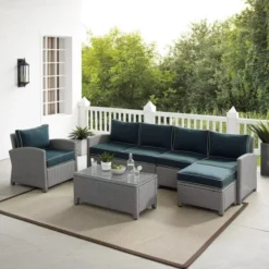 Grey Sectional Sofa Set | Luxury Patio, Poolside, Garden & Backyard Seating with Navy Blue Cushions