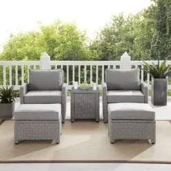 Crafttown 5-Piece Silver Rattan Wicker Outdoor Conversation Set with Grey Waterproof Cushions, Powder-Coated Iron Frame, Handwoven Design & Storage Table for Patios, Decks & Poolsides
