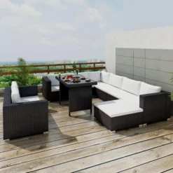 Black Wicker Outdoor Sectional Sofa Set | Luxury Patio, Poolside, and Garden Seating with White Cushions and Glass Top Table