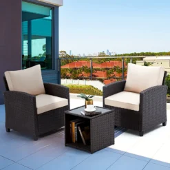 Dark Brown Rattan Wicker 3-Piece Outdoor Patio Sofa Set with Cream Cushions, Waterproof Fabric, Powder-Coated Iron Frame & Glass Table for Garden, Balcony & Backyard