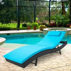 Dark Brown Wicker Rattan Sunbed | Luxury Poolside, Garden & Patio Lounge Seating with Sky Blue Cushions