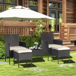 Crafttown 3-Piece Black Rattan Patio Seating Set with Cream Waterproof Cushions, Powder-Coated Iron Frame, Compact Design & Glass Center Table for Garden, Porch & Indoor Use