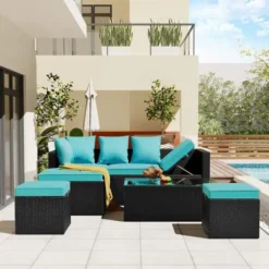 Black Wicker Modular Sectional Sofa Set | Luxury Patio, Garden & Balcony Seating with Sky Blue Cushions & Adjustable Backrests