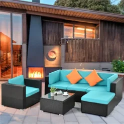 Premium Designer Black Rattan 4-Piece Outdoor Sofa Set with Glass Top Coffee Table & Ottoman | Luxury Patio, Garden, Poolside & Balcony Seating with Sky Blue Cushions