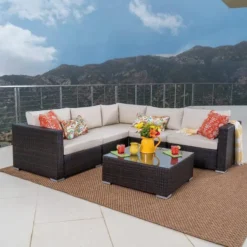 Premium Designer Dark Brown Rattan L-Shaped Outdoor Sectional Sofa Set with Glass Top Coffee Table | Luxury Patio, Poolside, Garden & Balcony Seating with Cream Cushions
