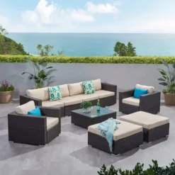 Dark Brown Sectional Outdoor Sofa Set | Luxury Patio, Porch, Backyard & Balcony Seating with Cream Cushions