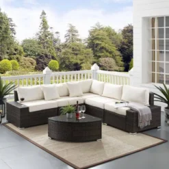 7 Seater Outdoor Indoor Garden Sectional Wicker Half Moon Conversation Set (Dark Brown & Red)
