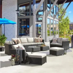 Dark Brown Wicker 8-Piece Outdoor Sectional Sofa Set | Luxury Patio, Garden, and Backyard Seating with Cream Cushions and Removable Glass Tables