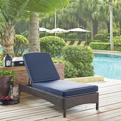 Dark Brown Wicker Adjustable Lounge Chair | Luxury Poolside, Garden & Patio Seating with Navy Blue Cushions