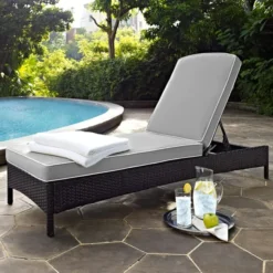 Dark Brown Wicker Adjustable Lounge Chair | Luxury Poolside, Garden & Patio Seating with Grey Cushions