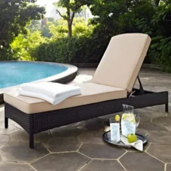 Dark Brown Wicker Chaise Lounge | Luxury Patio, Poolside & Garden Seating with Cream Cushions