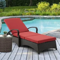 Dark Brown Wicker Chaise Lounge | Luxury Poolside, Garden & Patio Seating with Red Cushions