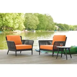 CRAFTTOWN 3-Piece Patio Set | Grey Rope Bistro Furniture with Vibrant Orange Cushions | Weather-Resistant Outdoor Seating for Balcony / Garden