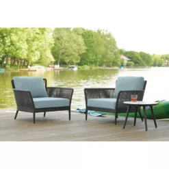 CRAFTTOWN 3-Piece Patio Set | Grey Rope Bistro Furniture with Sky-Blue Cushions | Weather-Resistant Outdoor Balcony/Garden Seating