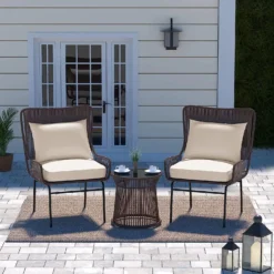 CRAFTTOWN 3-Piece Outdoor Bistro Set | Elegant Dark Brown Rope & Cream Cushions | Weather-Resistant Balcony/Garden/Patio Seating