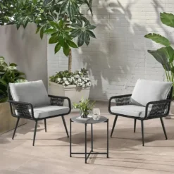 CRAFTTOWN 3-Piece Outdoor Bistro Set | Weather-Resistant Garden/Terrace/Balcony Seating | Black Metal Frame with Rope Chairs & Table