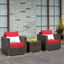 Crafttown 3-Piece Rattan Bistro Set with Cushions & Glass Table | Durable HDPE Rattan, Powder-Coated Iron Frame | Stylish Outdoor Furniture for Small Spaces