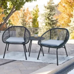 3-Piece Outdoor Patio Set – Black Woven Rope Design with Grey Cushions, Powder-Coated Iron Frame, Comfortable Bistro Set for Garden, Balcony, and Patio
