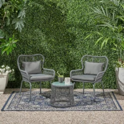 Dark Gray Rope Chair & Table Set – Stylish Outdoor Furniture with Waterproof Cushions, Powder-Coated Iron Frame, Perfect for Gardens, Balconies, and Patios