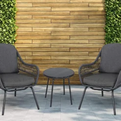 CRAFTTOWN 3-Piece Outdoor Conversation Set – Handwoven Rope Chairs with Waterproof Cushions, Black Powder-Coated Iron Frame, Ideal for Backyard, Garden, or Balcony