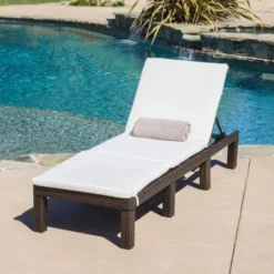 Dark Brown Wicker Chaise Lounge | Luxury Poolside, Garden & Patio Seating with Off-White Cushions