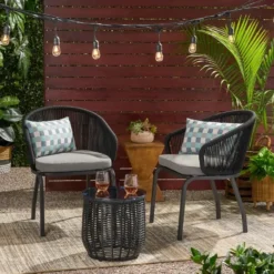 CRAFTTOWN 3-Piece Woven Rope Patio Dining Set | Black Frame with Grey Cushions | Stylish & Durable Outdoor Bistro Set for Balcony/Garden