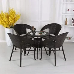 Dark Brown Wicker Seating Set | Luxury Patio, Garden, Terrace & Poolside with Cushions and Glass Tabletop