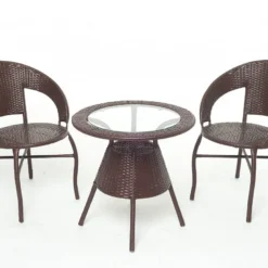 Dark Brown Rattan Wicker 3-Piece Outdoor Furniture Set with Cushions, Powder-Coated Iron Frame for Patio, Balcony & Garden
