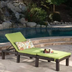 Dark Brown Wicker Chaise Lounge | Luxury Poolside, Garden & Patio Seating with Light Green Cushions