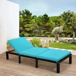 Dark Brown Wicker Chaise Lounge | Luxury Patio, Poolside & Garden Seating with Sky-Blue Cushions