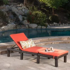 Black Wicker Adjustable Lounge Chair | Luxury Poolside, Patio & Garden Seating with Orange Cushions