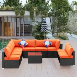 Black Rattan Wicker Outdoor Sectional Sofa Set | Luxury Patio, Garden, Balcony & Poolside Seating with Orange Cushions