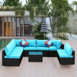 Black Rattan Wicker Outdoor Sectional Sofa Set | Luxury Patio, Garden, Balcony & Poolside Seating with Red Cushions