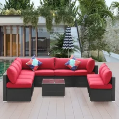 Black Wicker Outdoor Sectional Sofa Set | Luxury Patio, Garden, and Terrace Seating with Red Cushions and Removable Glass Table