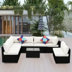 Black Wicker Outdoor Sectional Sofa Set | Luxury Patio, Garden, and Terrace Seating with Off White Cushions and Removable Glass Table